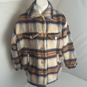 Urban Daizy multicolor fuzzy wool blend plaid button front lined shacket